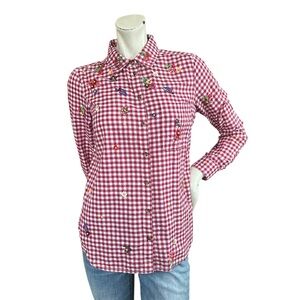 Anthropologie Maeve Red Gingham Print Embellished Beaded Button Down Shirt Sz 4